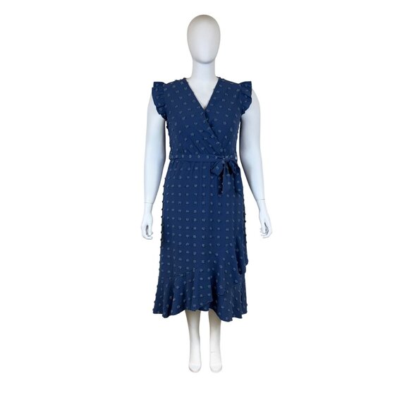 Btfbm Womens Blue Polyester Wrap Midi Dress With Ruffle Sleeves & Belt Size XL - Picture 1 of 6